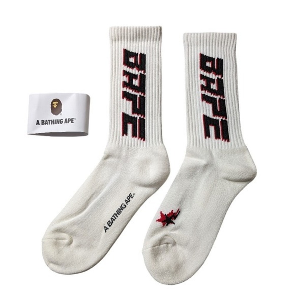 Bape Crew Socks Logo Mens Womens Unisex Size 9-11 Cream White Black Red